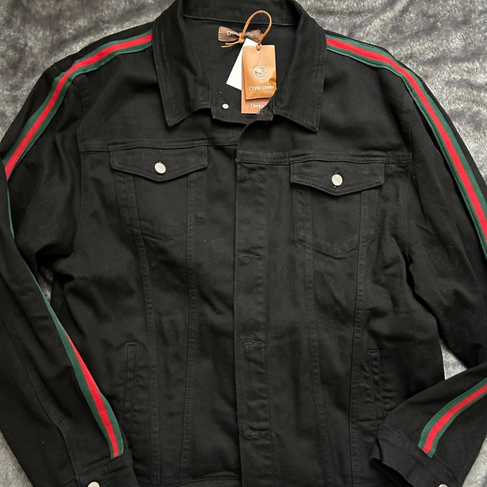 Men’s Black Denim with Red and Green Stripe Jacket 3XL